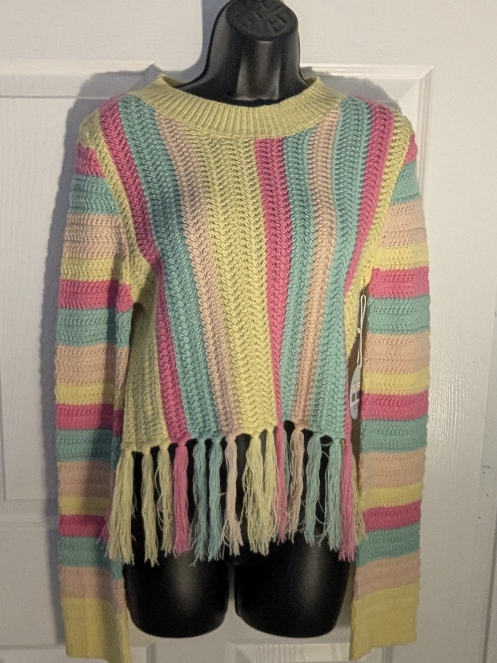 Cloud Ten Multicolor Striped Fringe Cropped Sweater NWT S